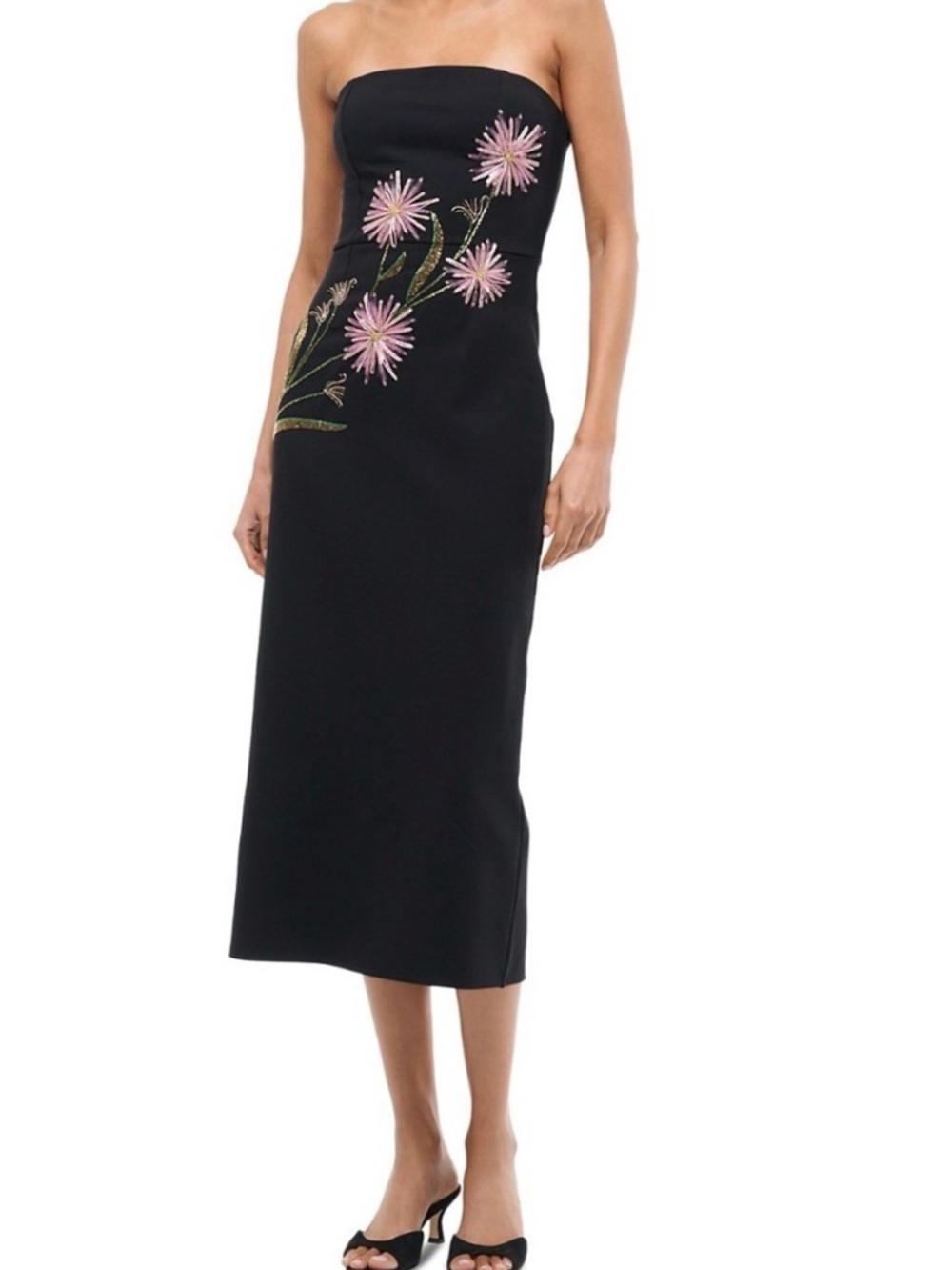 STAUD Brooke Floral Beaded Strapless Cocktail Midi Dress in Dahlia Daydream - Picture 3 of 11